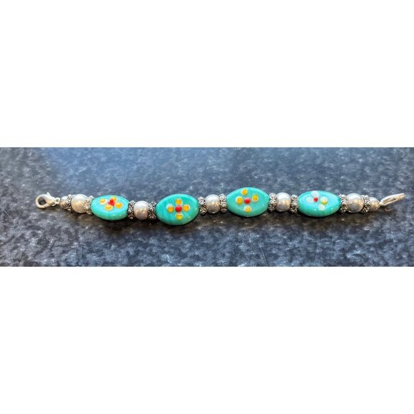 Vtg 1970's Children's Hand Painted Glass Beaded Floral Oval Beads Bracelet - Picture 6 of 7